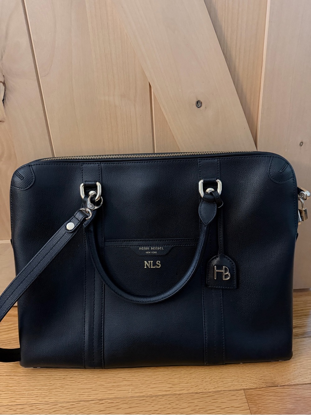 henri bendel Black Leather Briefcase with Gold Hardware and HB Charm